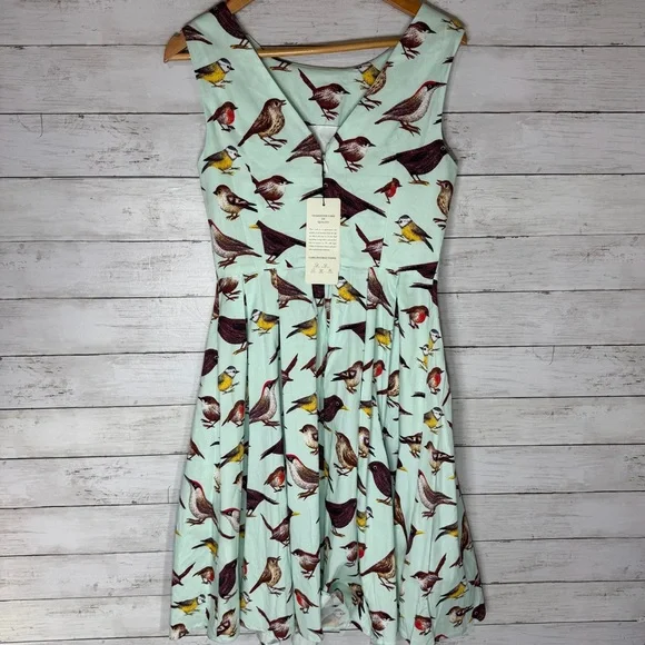 Luouse Retro Pinup Bird Print Fit And Flare Dress Mint Green Sleeveless Size Med - Picture 4 of 7